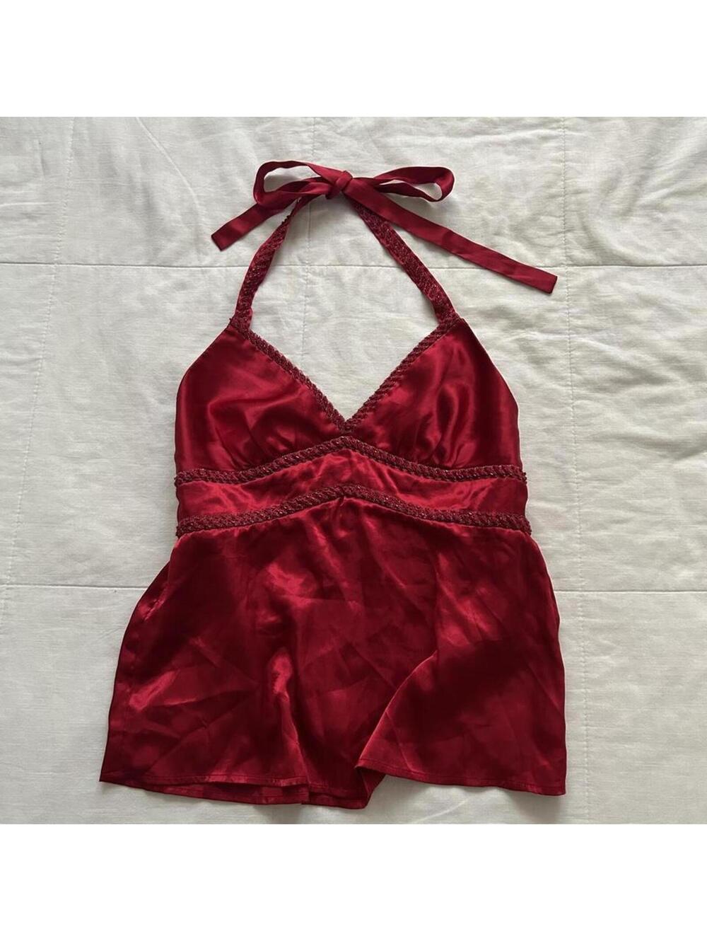 Red silk Guess halter top with beaded trim details Size Large